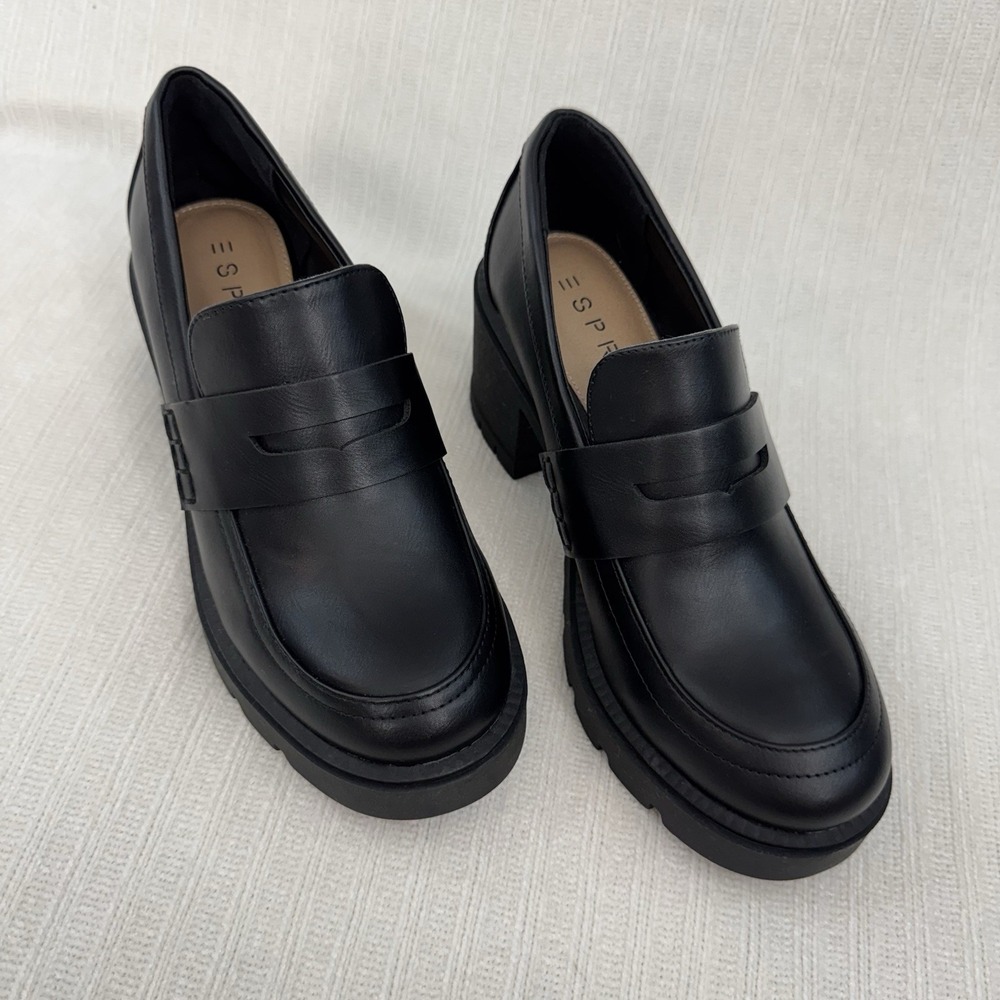 Esprit Platform Loafer Heels Womens 7.5 Black Chunky Lug Sole Slip On - Picture 2 of 9